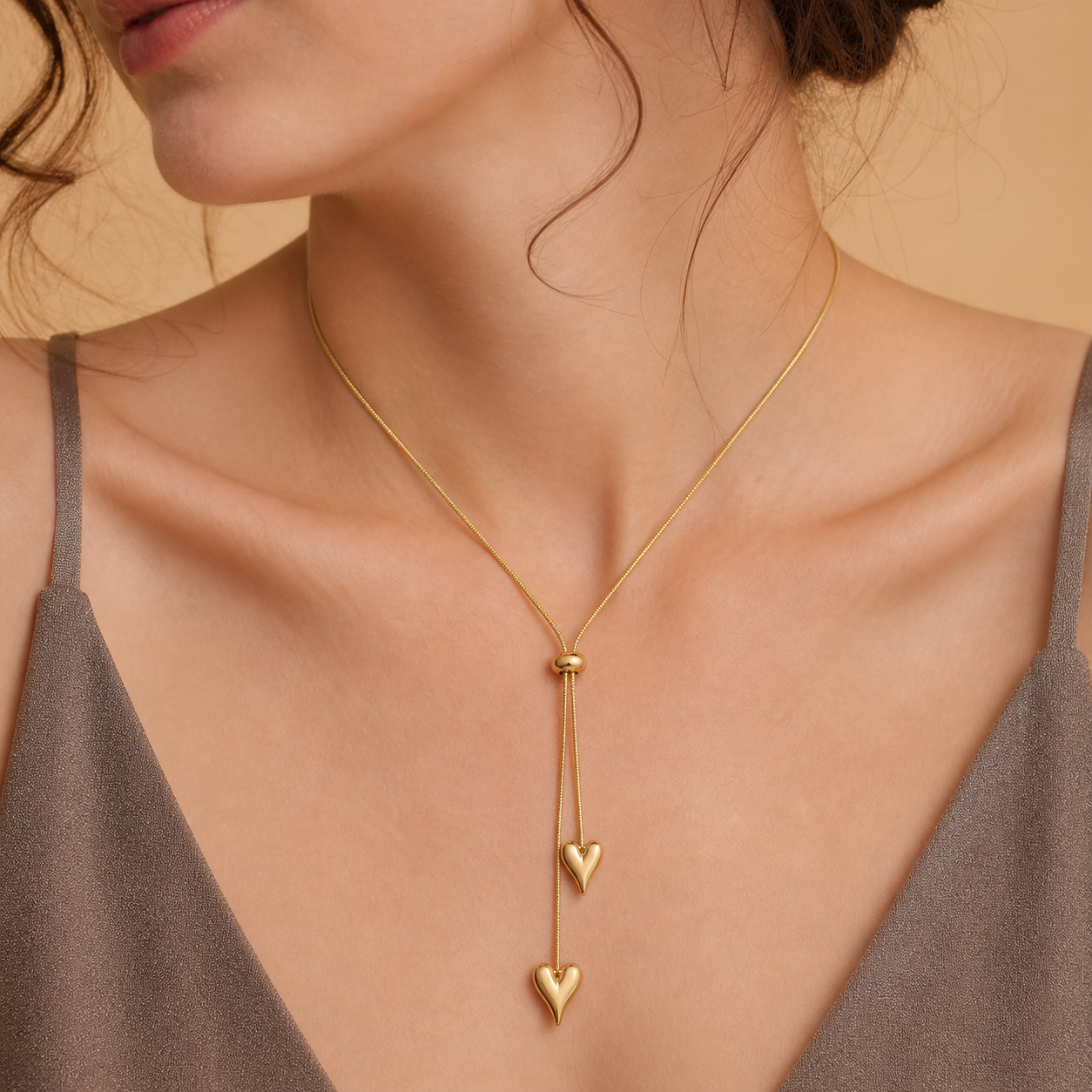Double Heart Lariat Necklace
