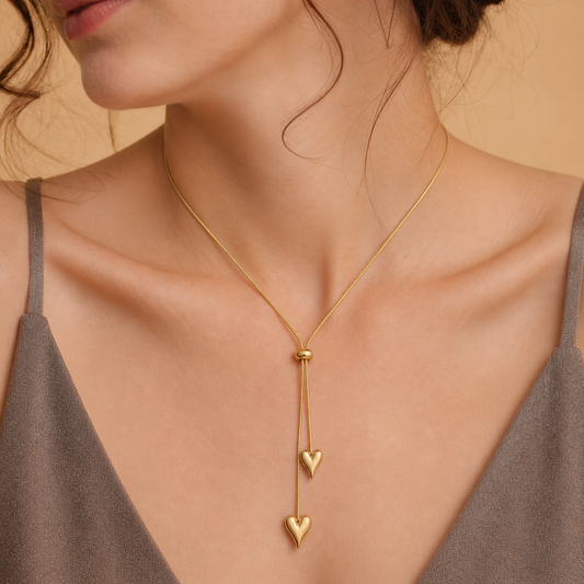 Double Heart Lariat Necklace