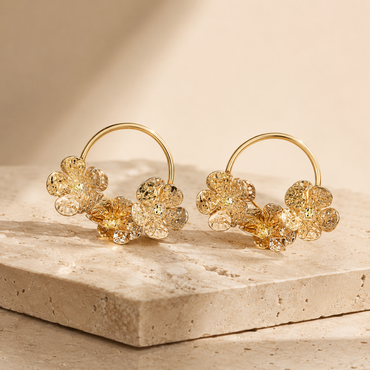 Gold Floral Cluster Hoop Earrings