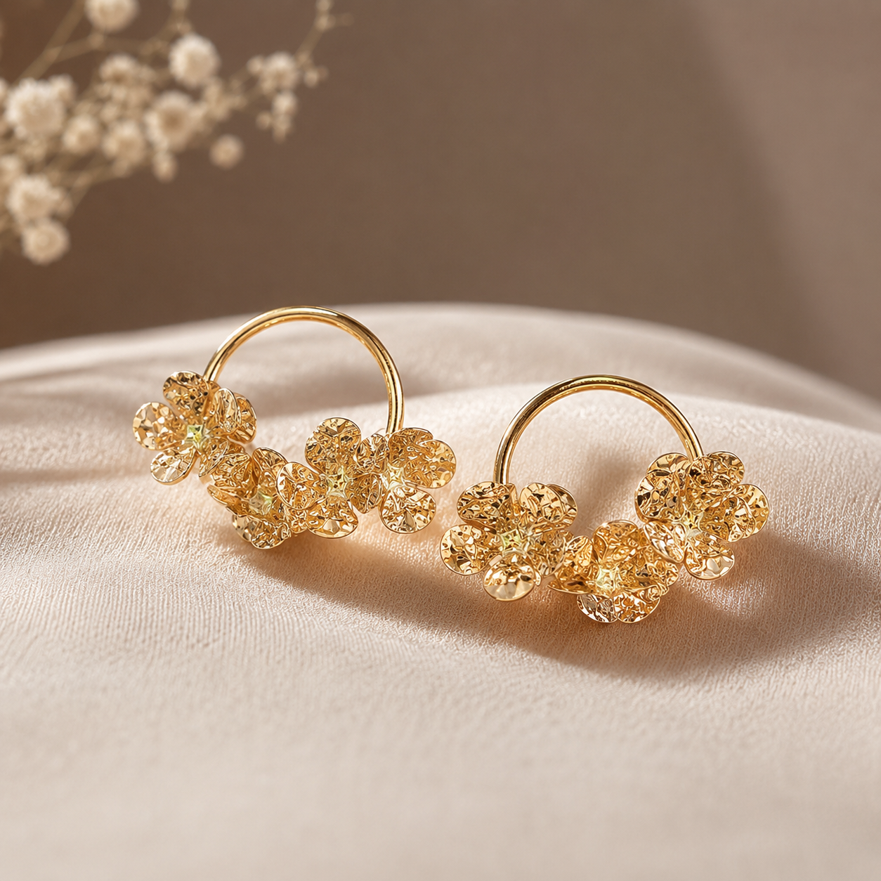 Gold Floral Cluster Hoop Earrings