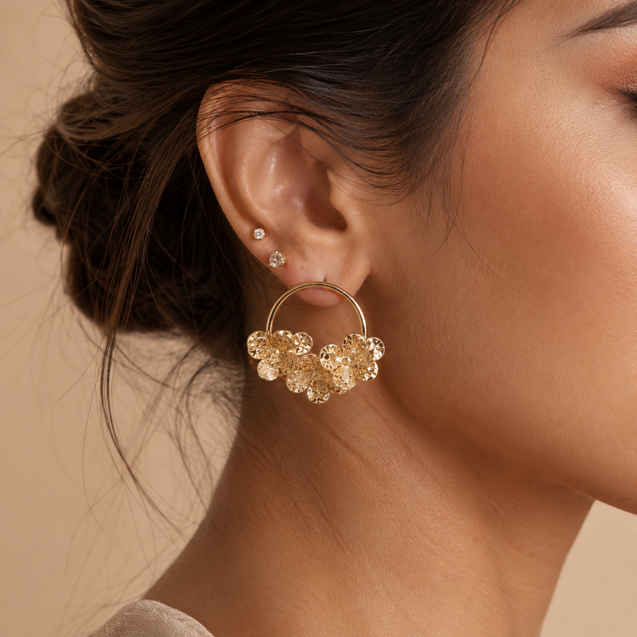 Gold Floral Cluster Hoop Earrings