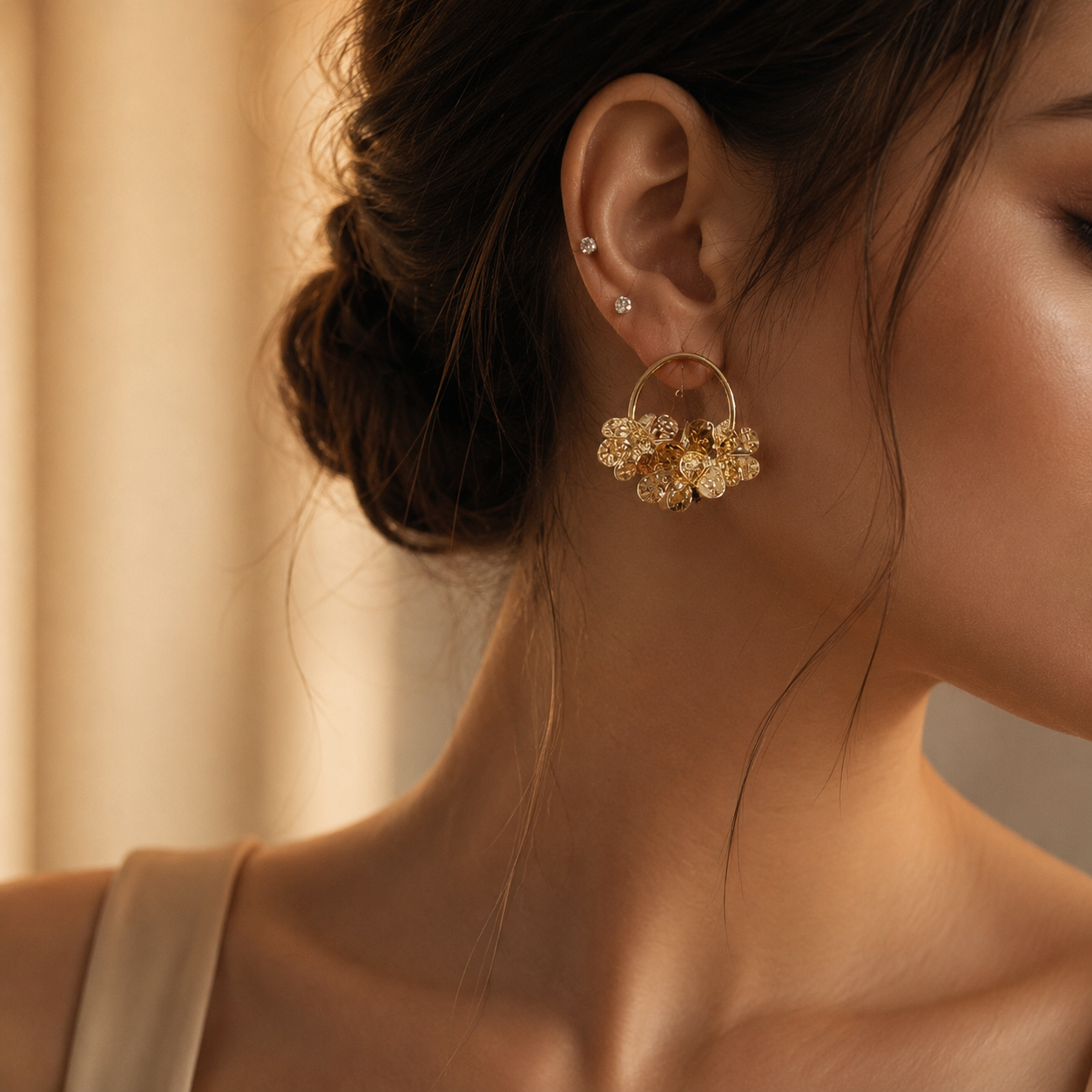 Gold Floral Cluster Hoop Earrings