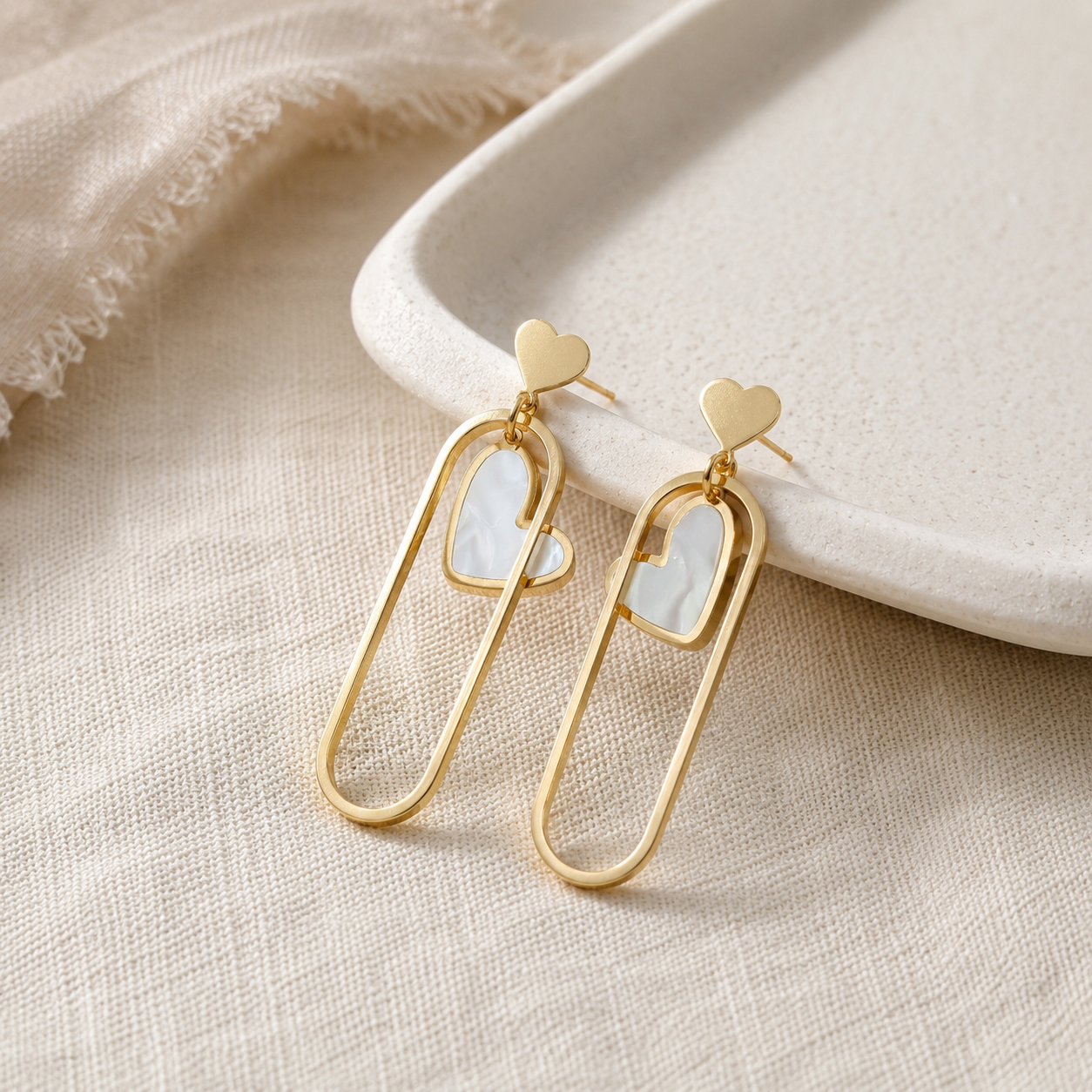 Gold Heart Paperclip Drop Earrings