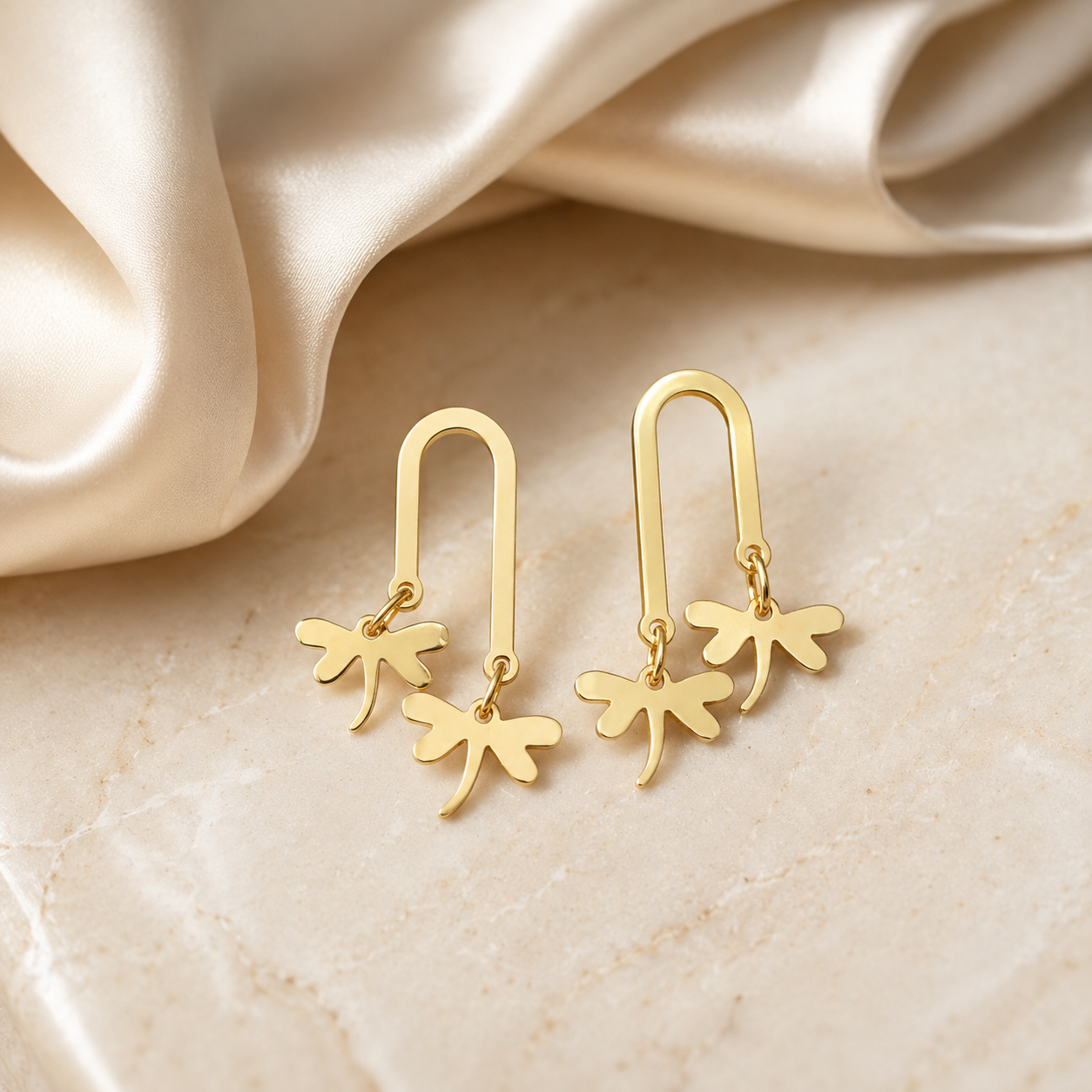 Gold Arch Dragonfly Drop Earrings