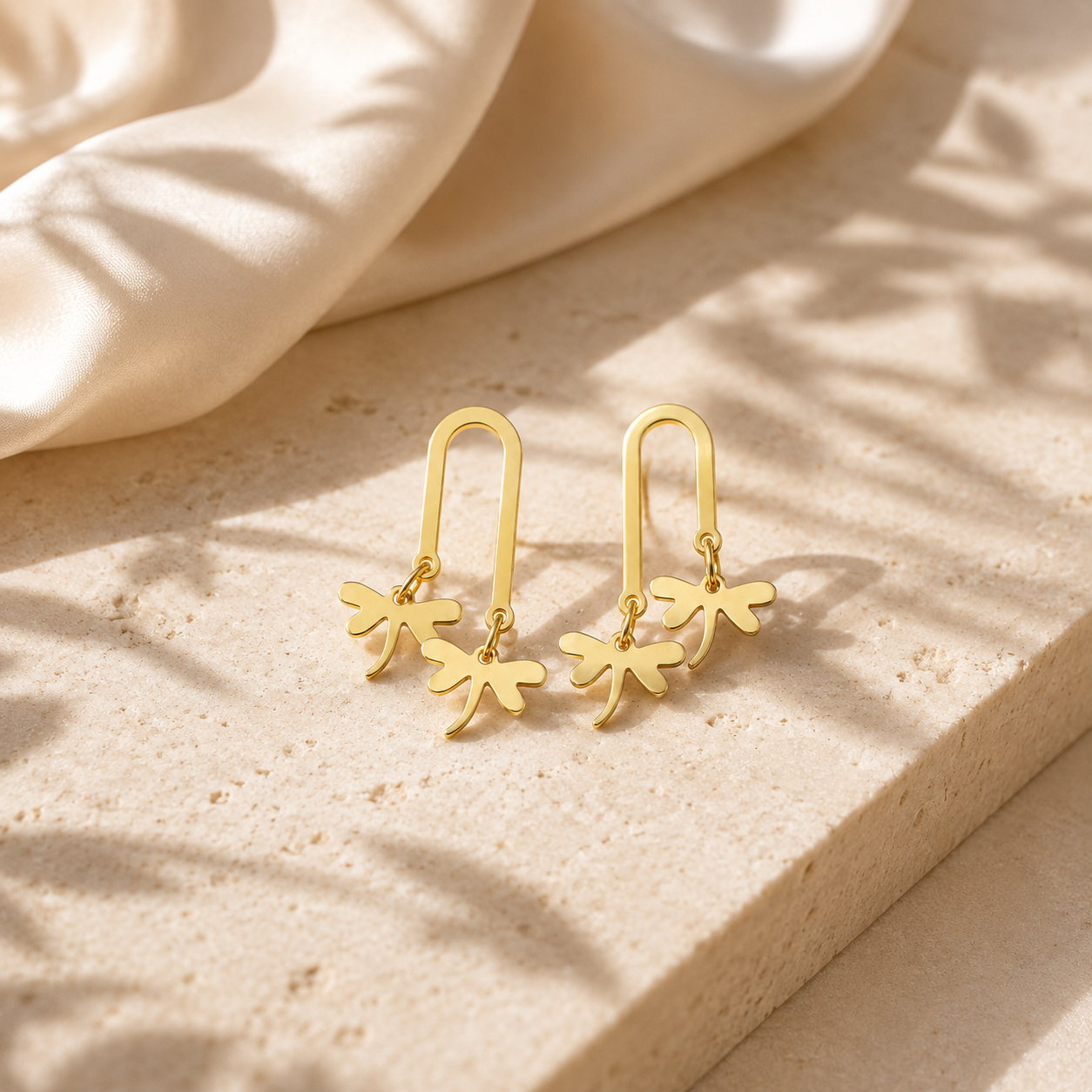 Gold Arch Dragonfly Drop Earrings