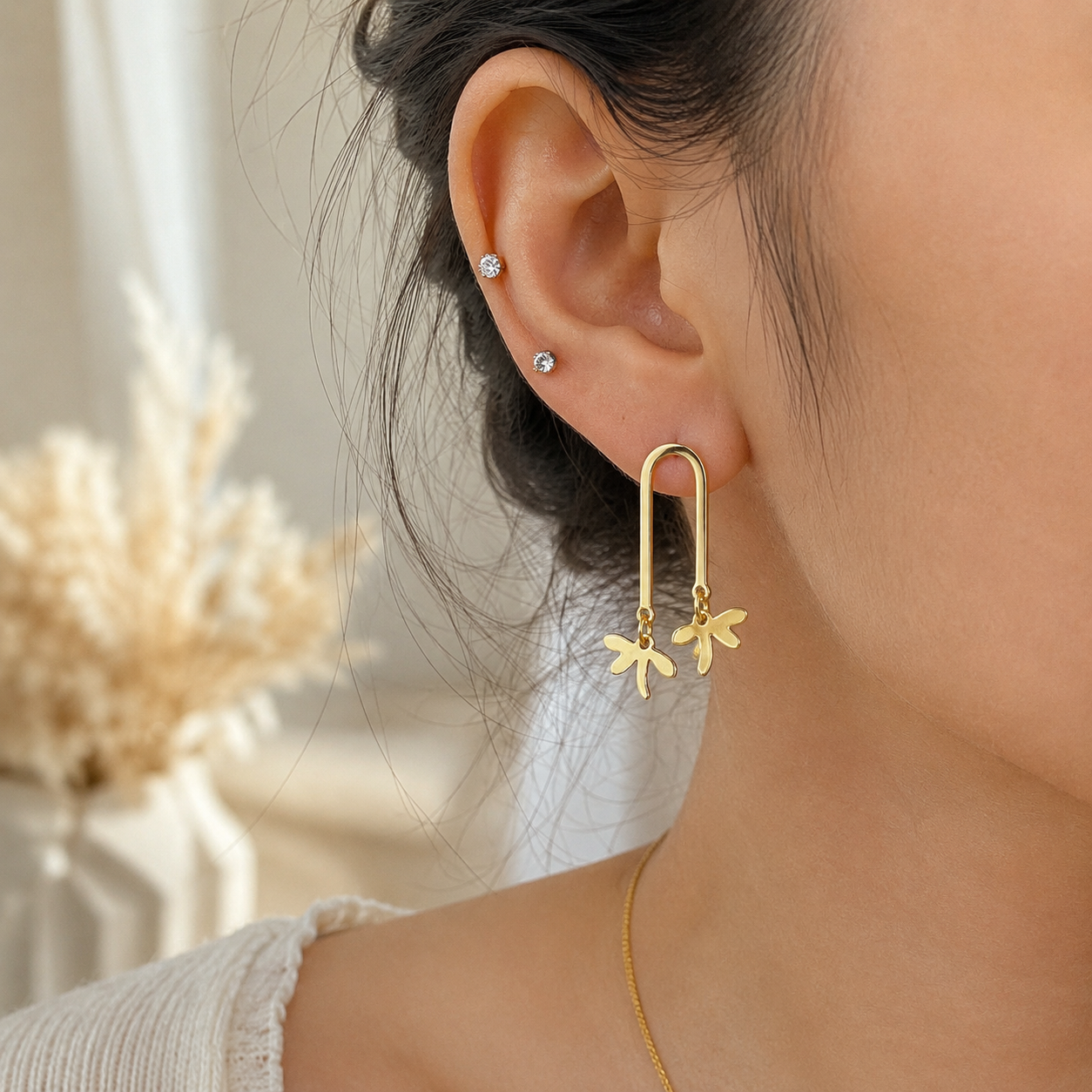 Gold Arch Dragonfly Drop Earrings