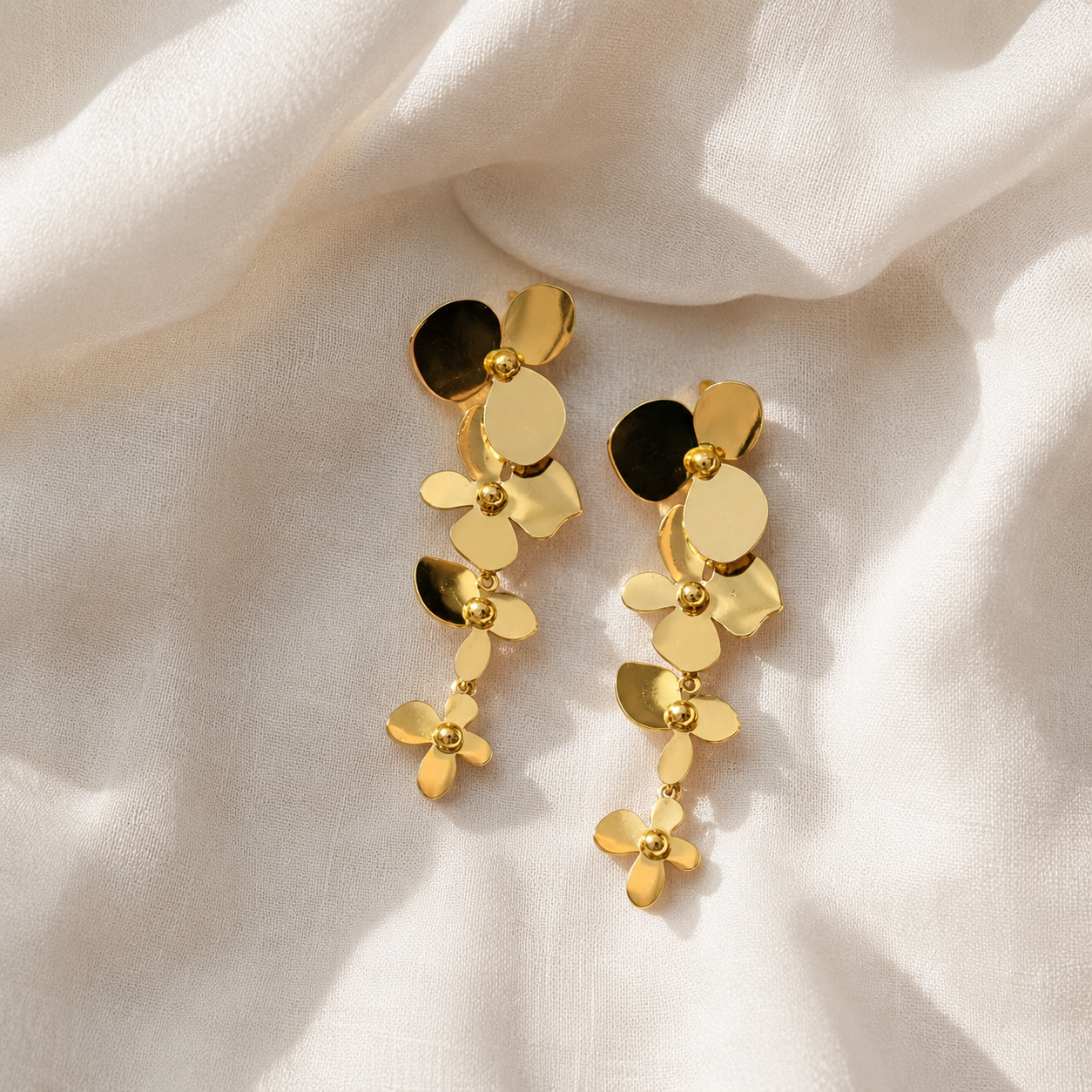 Gold Triple Flower Cascade Drop Earrings