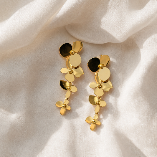 Gold Triple Flower Cascade Drop Earrings