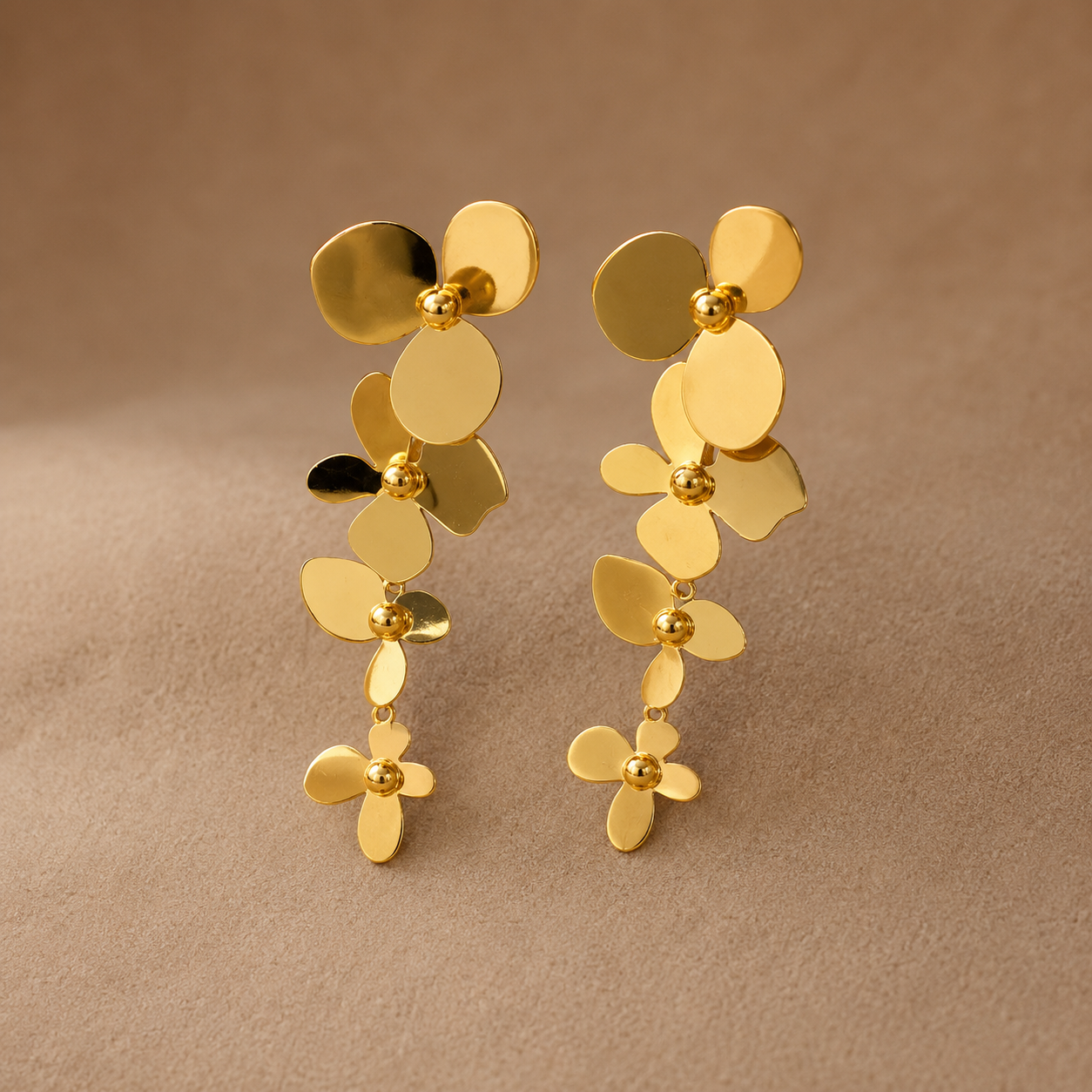 Gold Triple Flower Cascade Drop Earrings