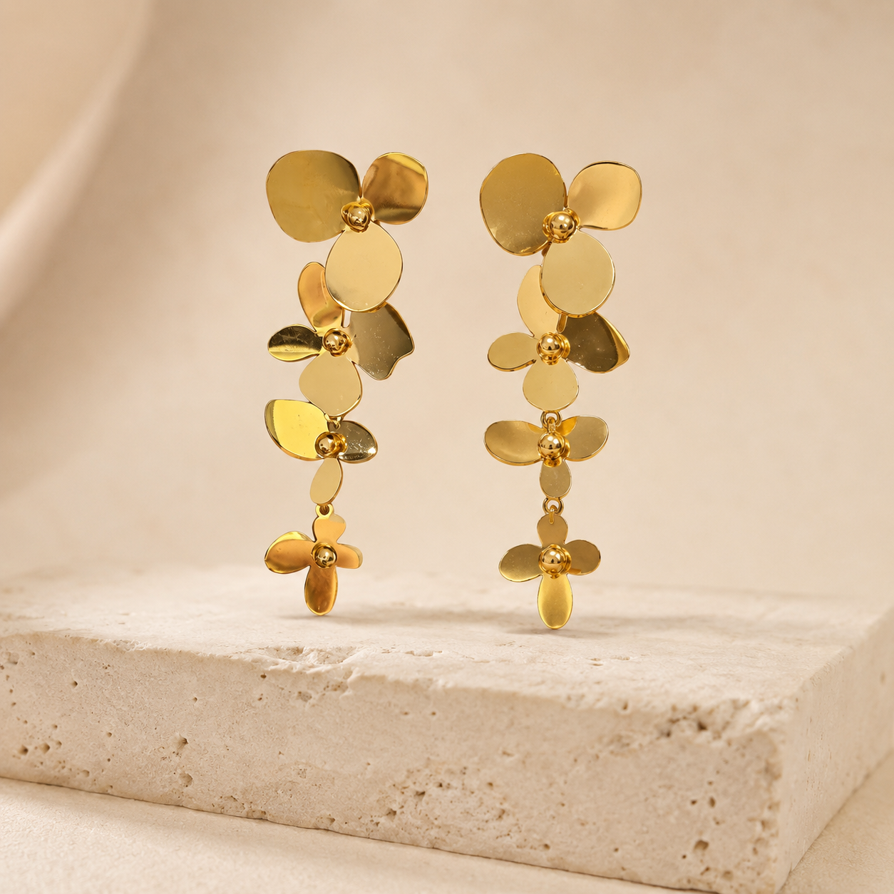 Gold Triple Flower Cascade Drop Earrings