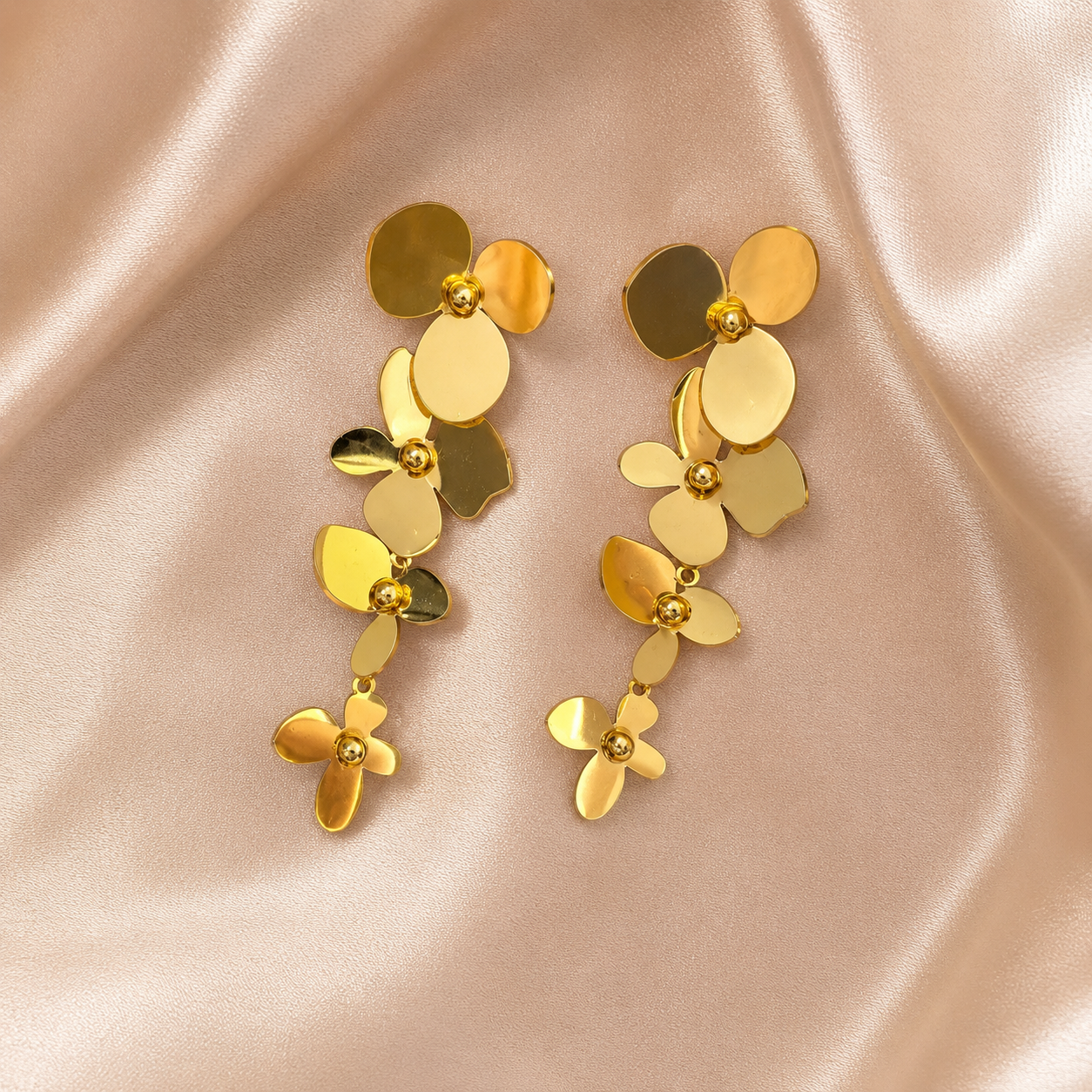 Gold Triple Flower Cascade Drop Earrings