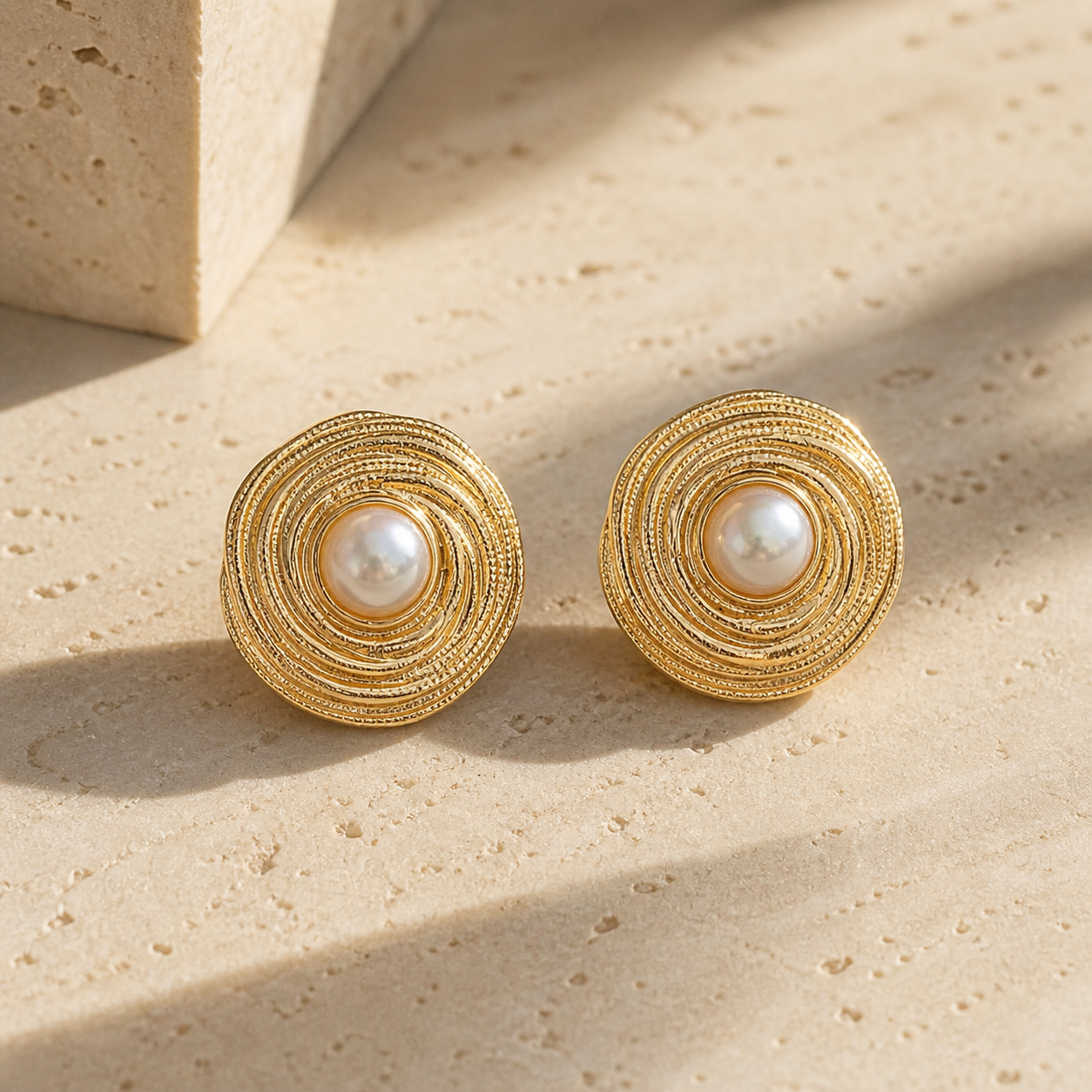 Gold Swirl Pearl Stud Earrings