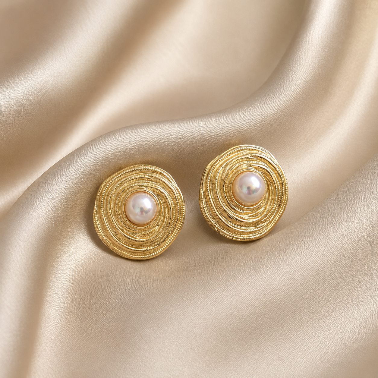 Gold Swirl Pearl Stud Earrings