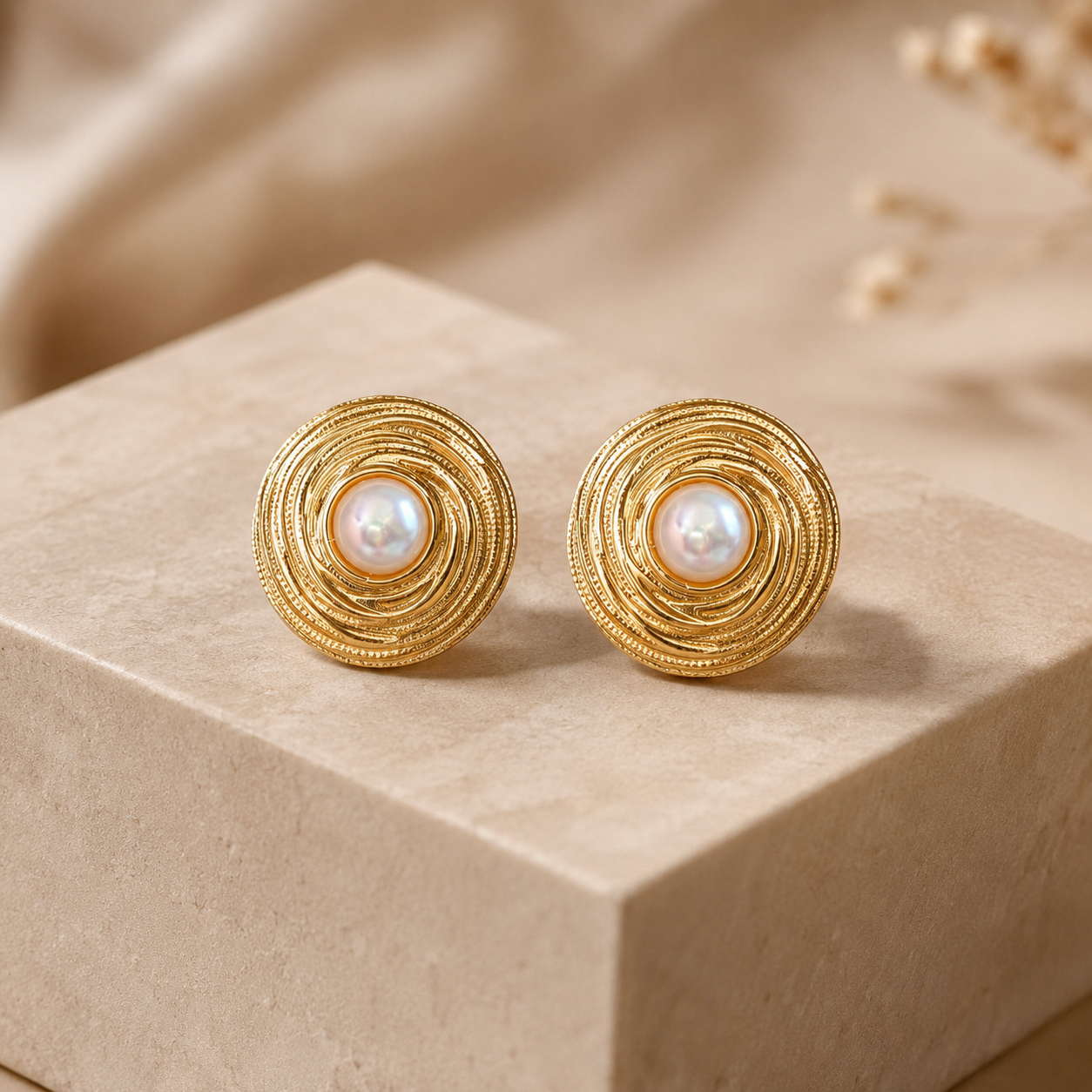 Gold Swirl Pearl Stud Earrings