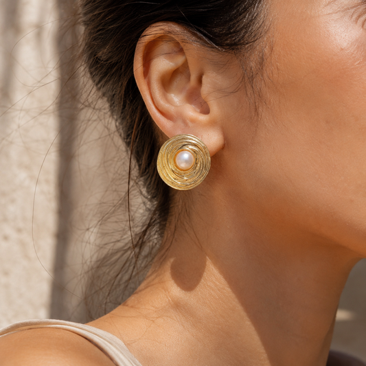 Gold Swirl Pearl Stud Earrings