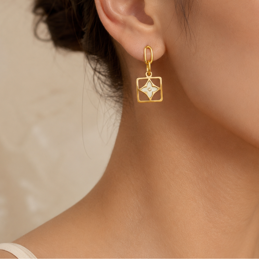 Gold Geometric Frame Floral Drop Earrings