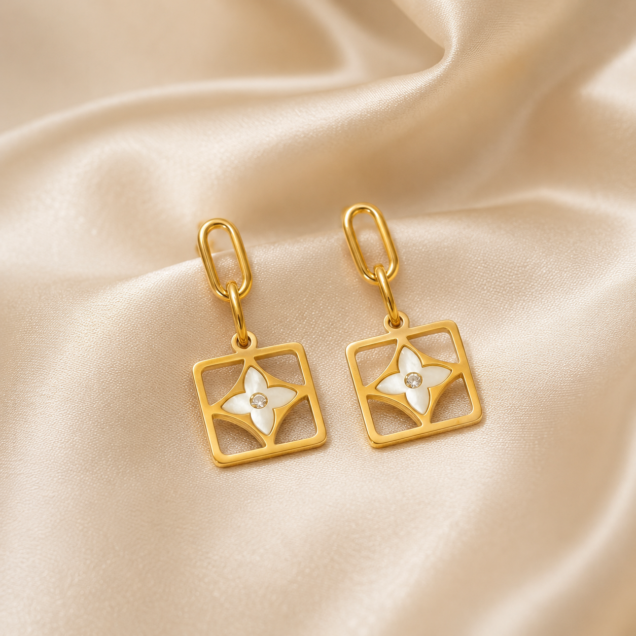 Gold Geometric Frame Floral Drop Earrings