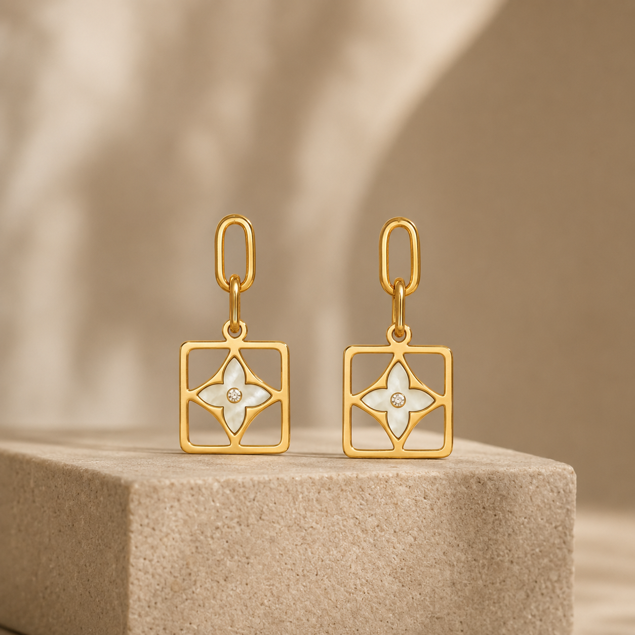 Gold Geometric Frame Floral Drop Earrings