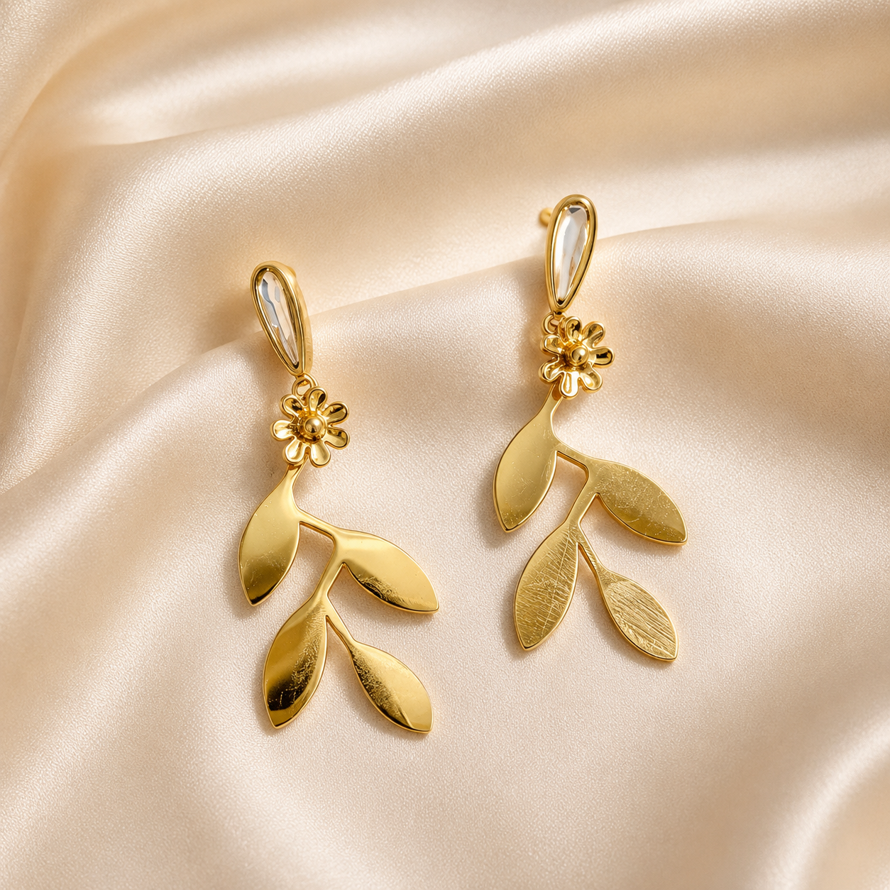 Gold Botanical Leaf & Flower Drop Earrings