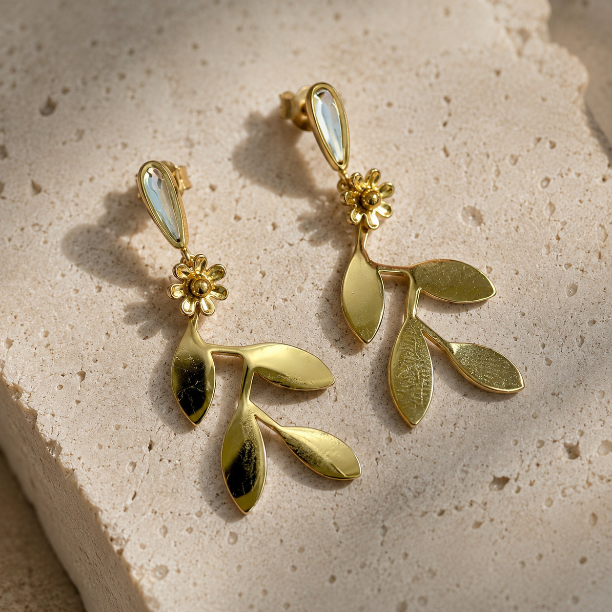 Gold Botanical Leaf & Flower Drop Earrings