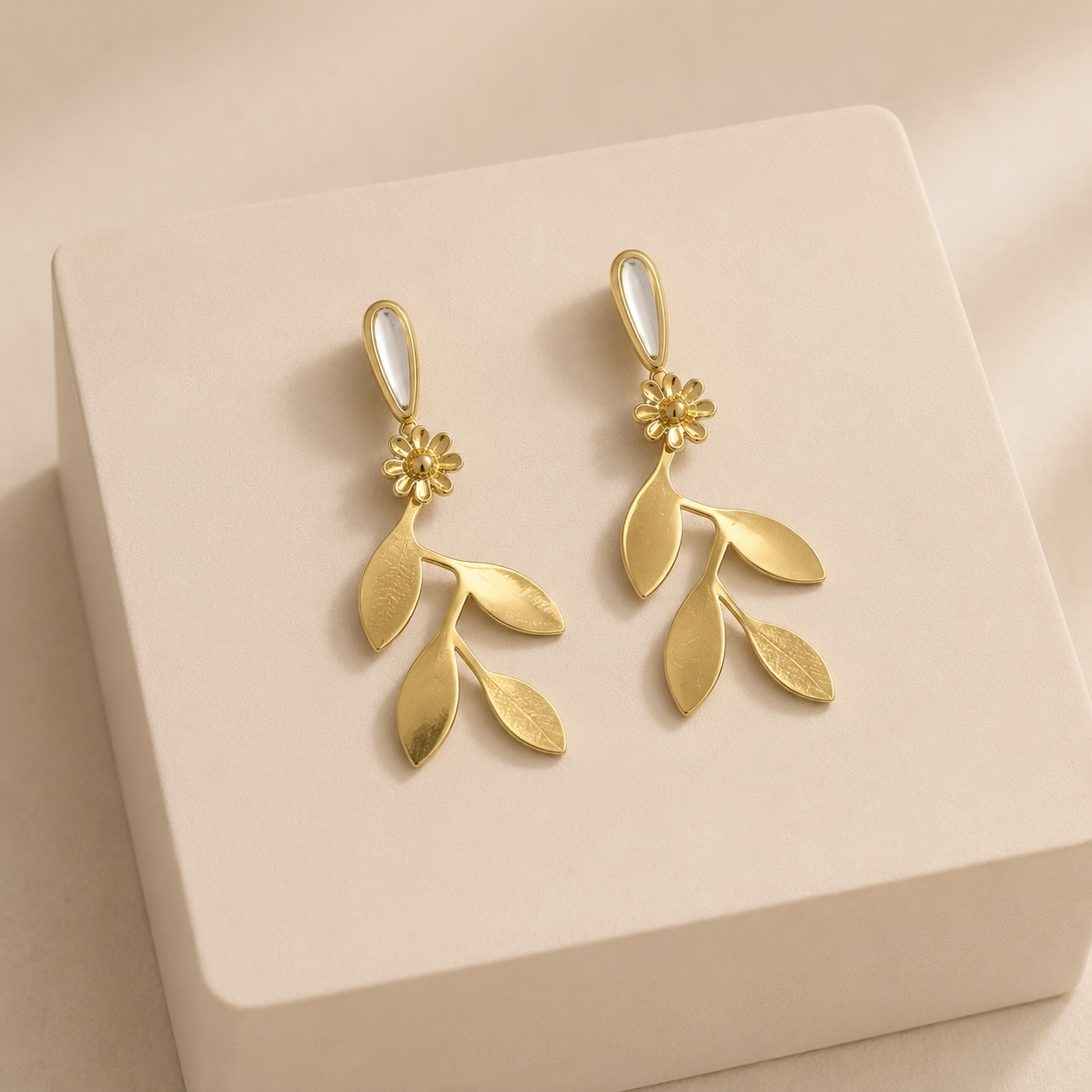 Gold Botanical Leaf & Flower Drop Earrings