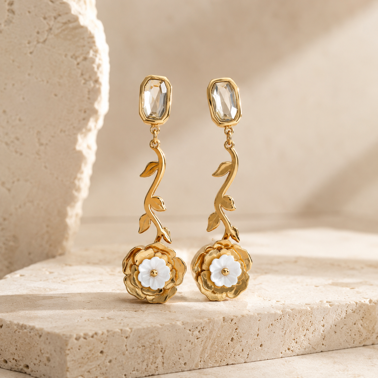 Gold Vine & Rose Drop Earrings