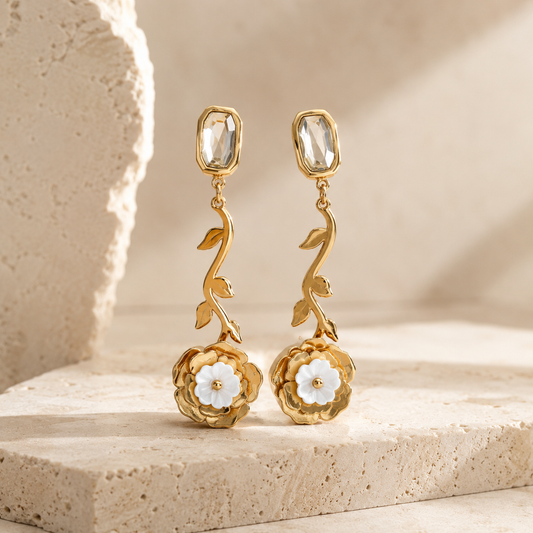 Gold Vine & Rose Drop Earrings