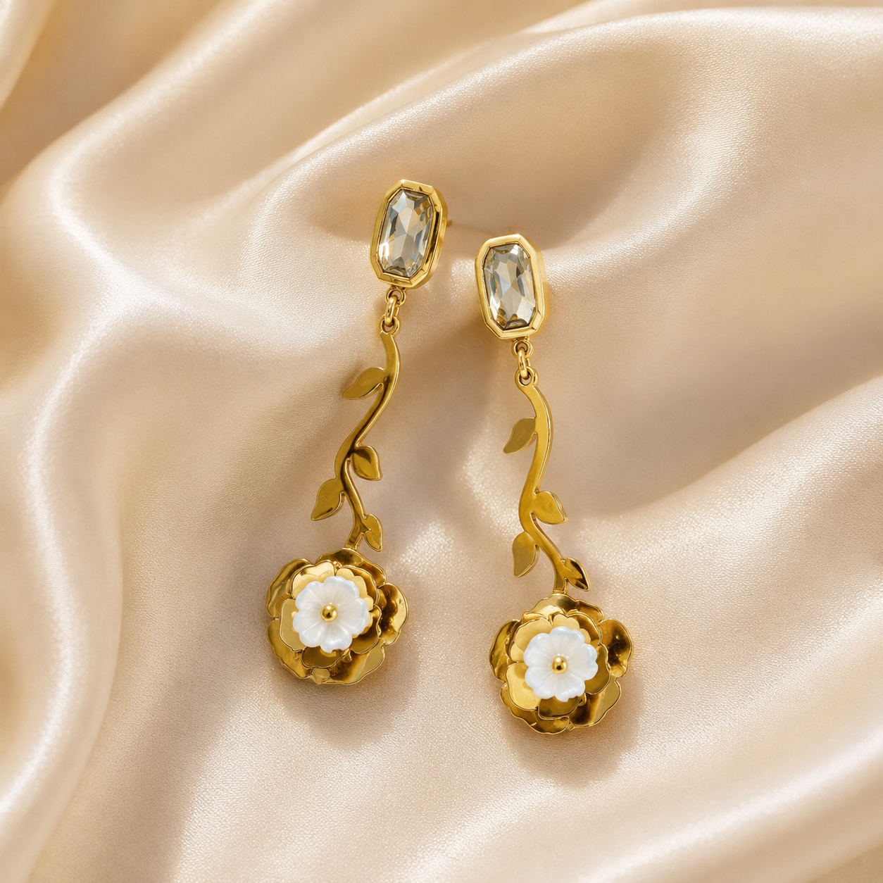 Gold Vine & Rose Drop Earrings
