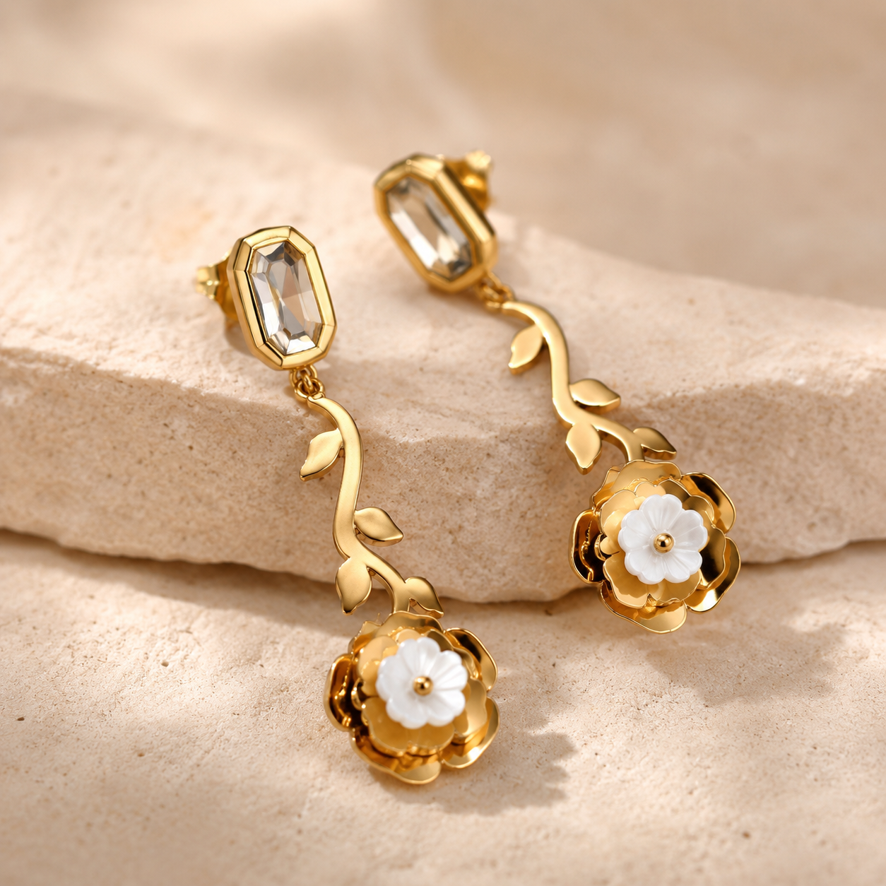 Gold Vine & Rose Drop Earrings