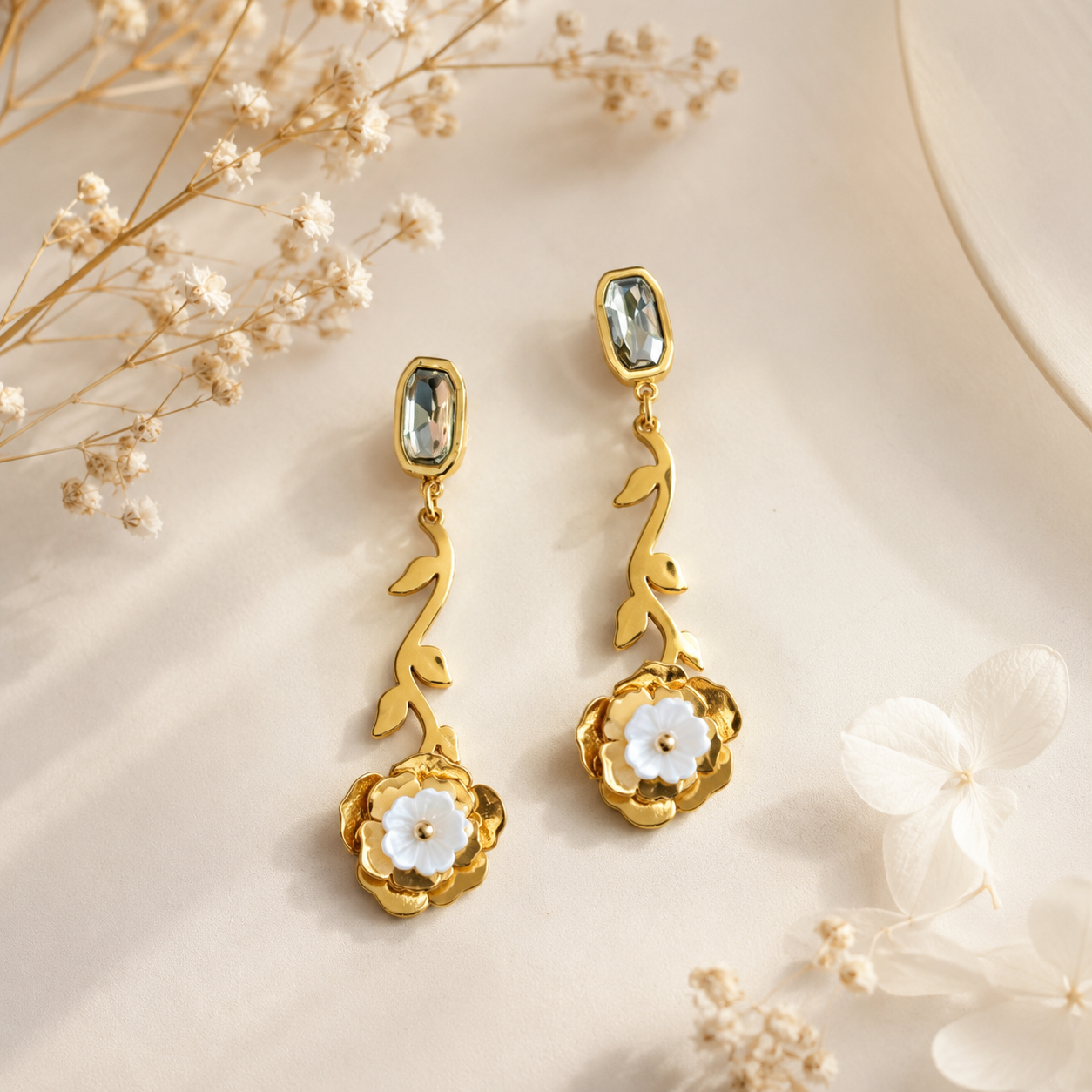 Gold Vine & Rose Drop Earrings