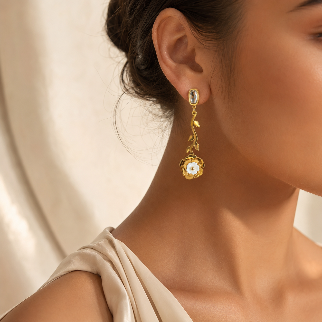 Gold Vine & Rose Drop Earrings