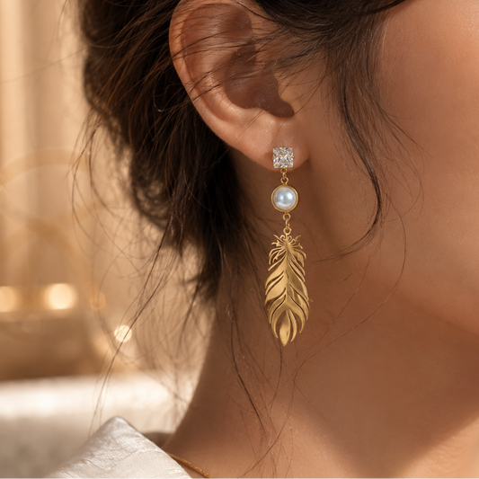 Crystal Pearl & Gold Feather Drop Earrings