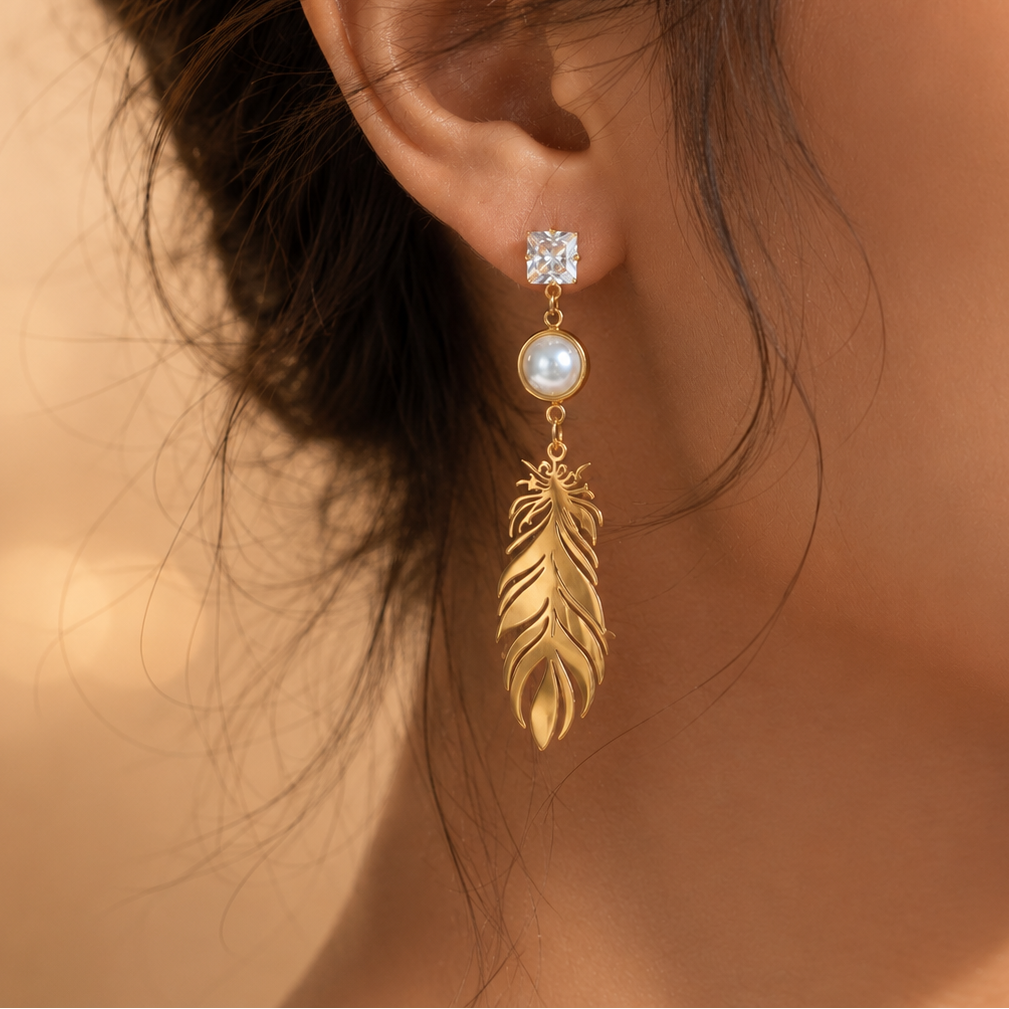 Crystal Pearl & Gold Feather Drop Earrings