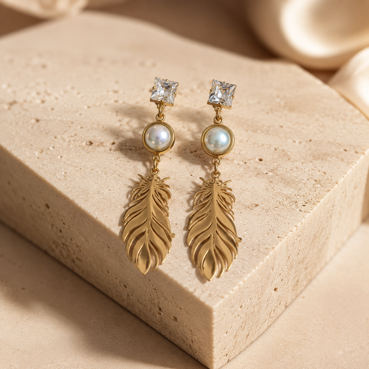 Crystal Pearl & Gold Feather Drop Earrings