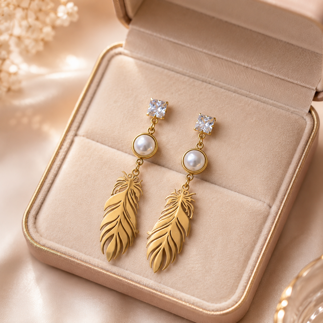 Crystal Pearl & Gold Feather Drop Earrings