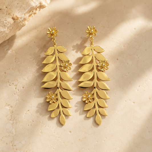 Gold Fern & Daisy Long Drop Earrings