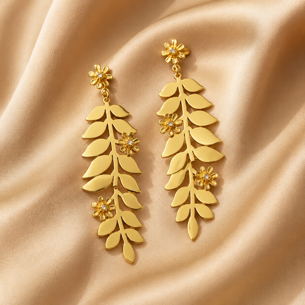 Gold Fern & Daisy Long Drop Earrings