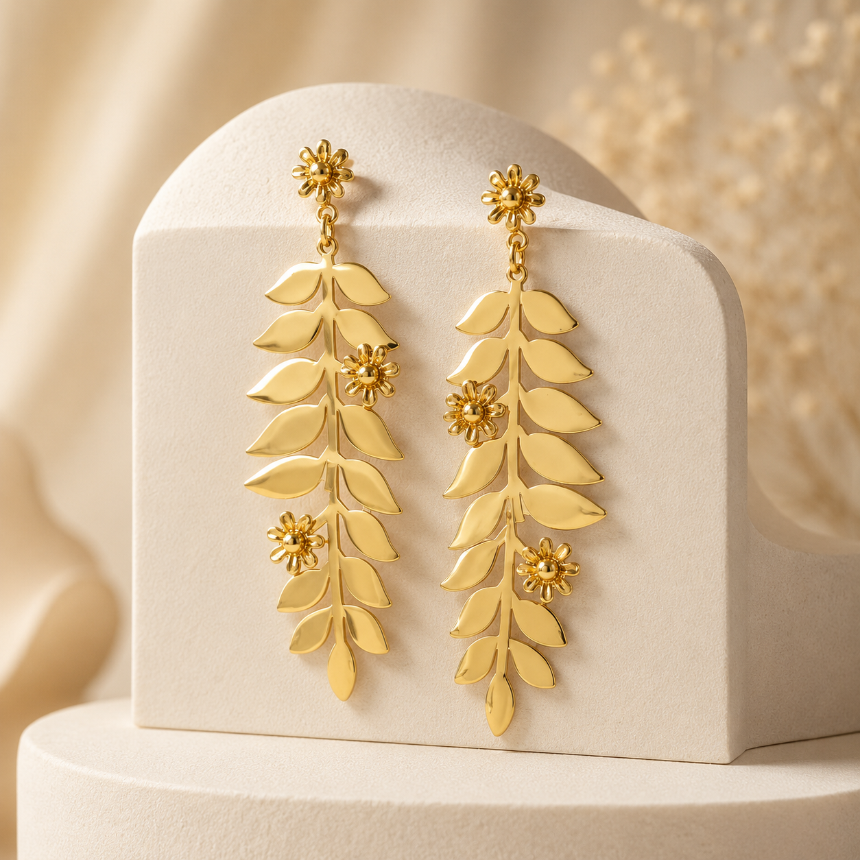 Gold Fern & Daisy Long Drop Earrings