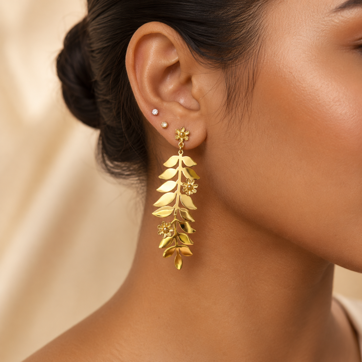 Gold Fern & Daisy Long Drop Earrings