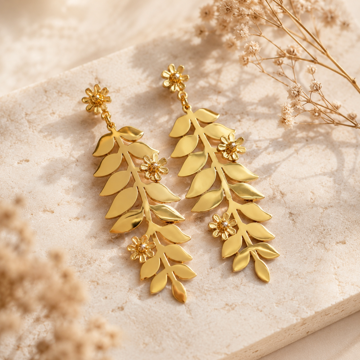 Gold Fern & Daisy Long Drop Earrings