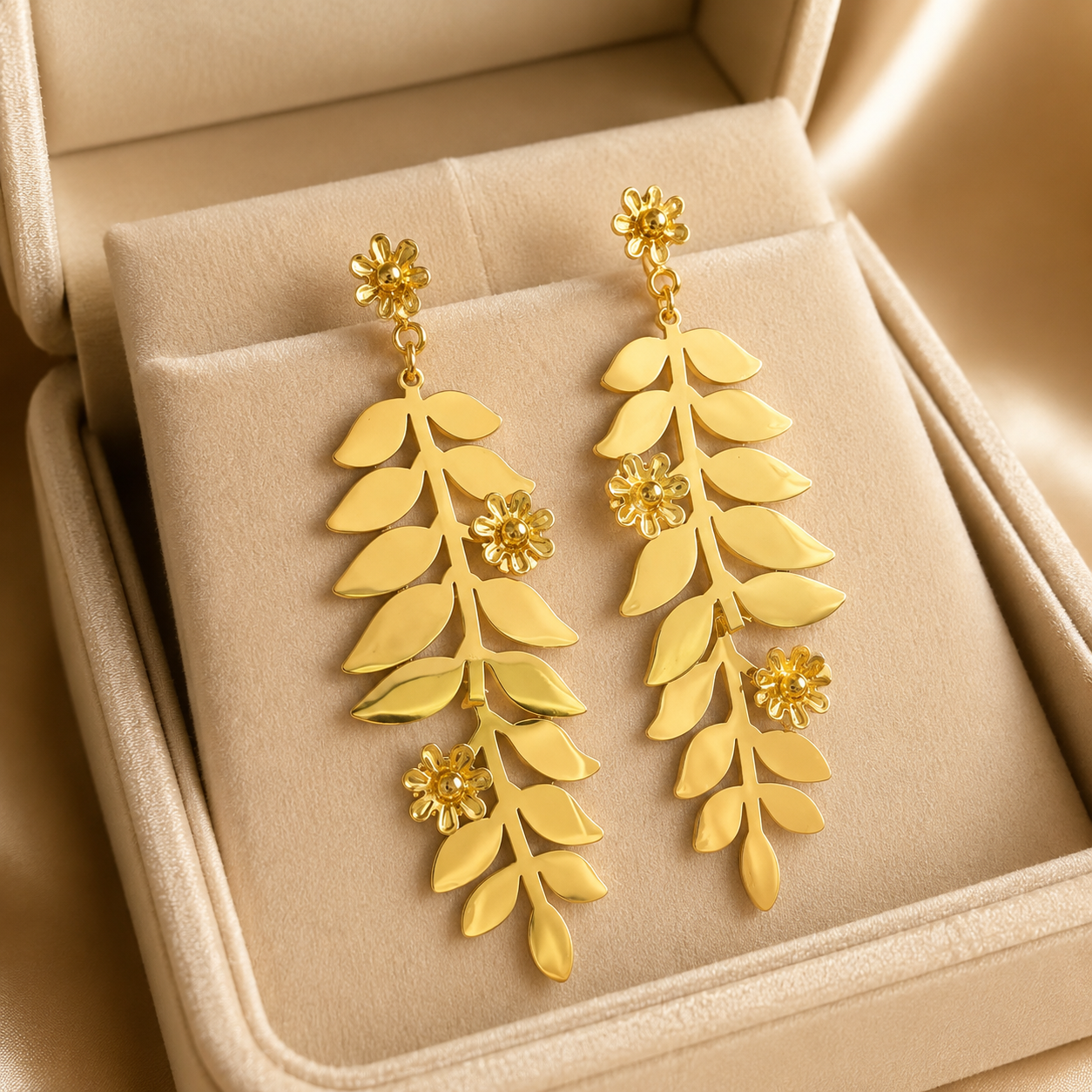 Gold Fern & Daisy Long Drop Earrings