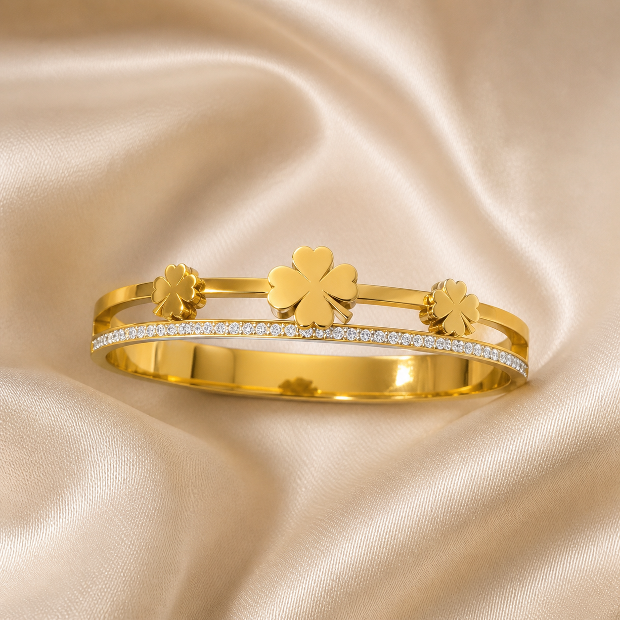 Gold Three-Leaf Clover Crystal Bangle Bracelet