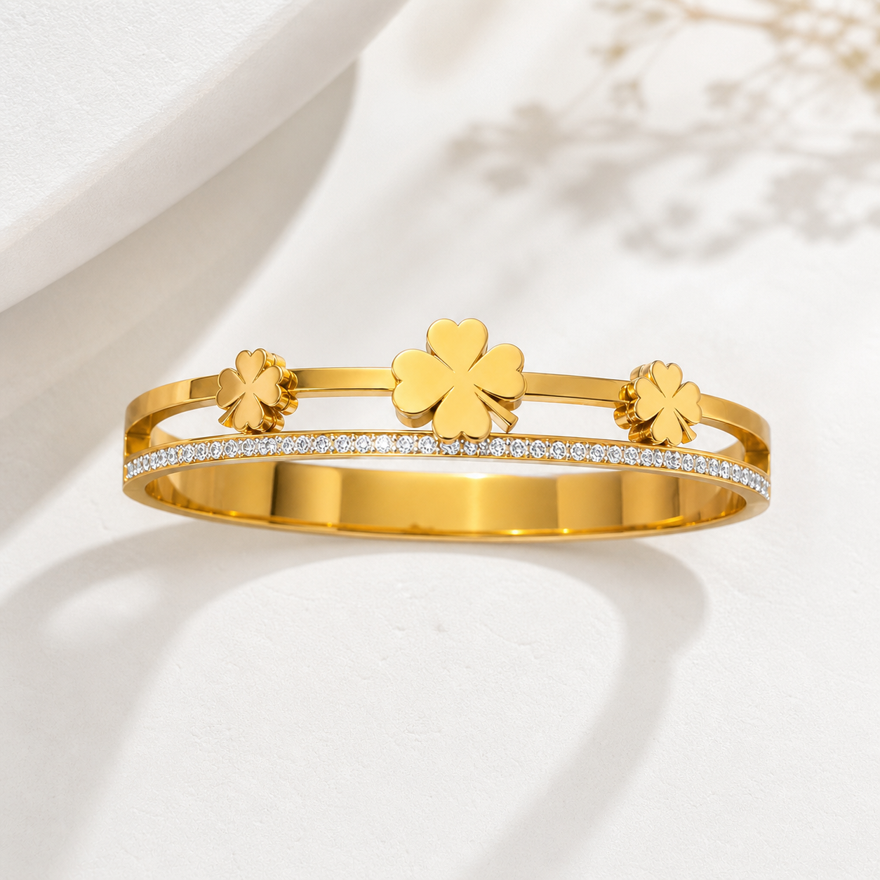 Gold Three-Leaf Clover Crystal Bangle Bracelet