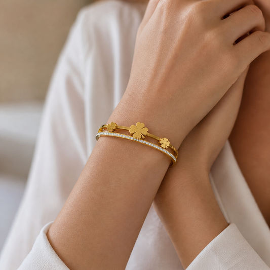 Gold Three-Leaf Clover Crystal Bangle Bracelet