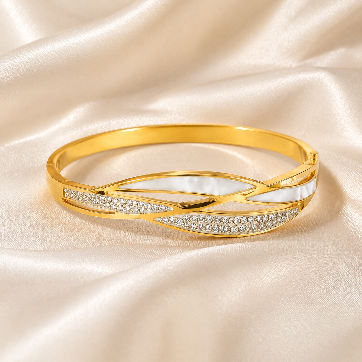 Gold Wave Mother-of-Pearl Crystal Bangle Bracelet
