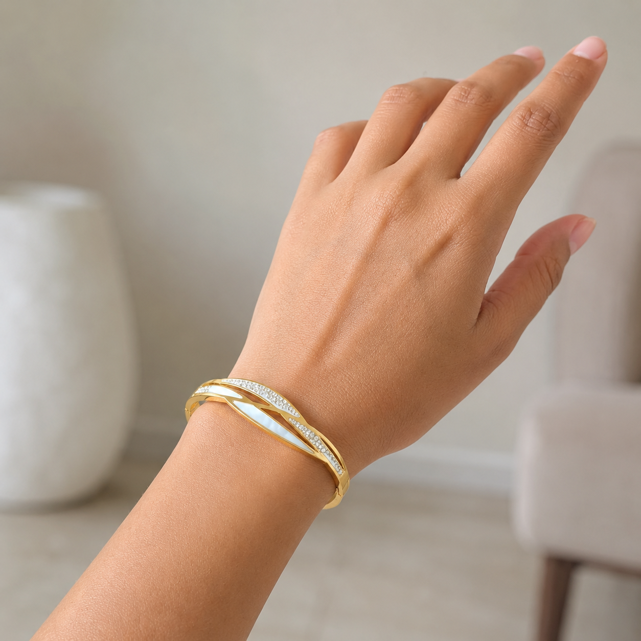 Gold Wave Mother-of-Pearl Crystal Bangle Bracelet