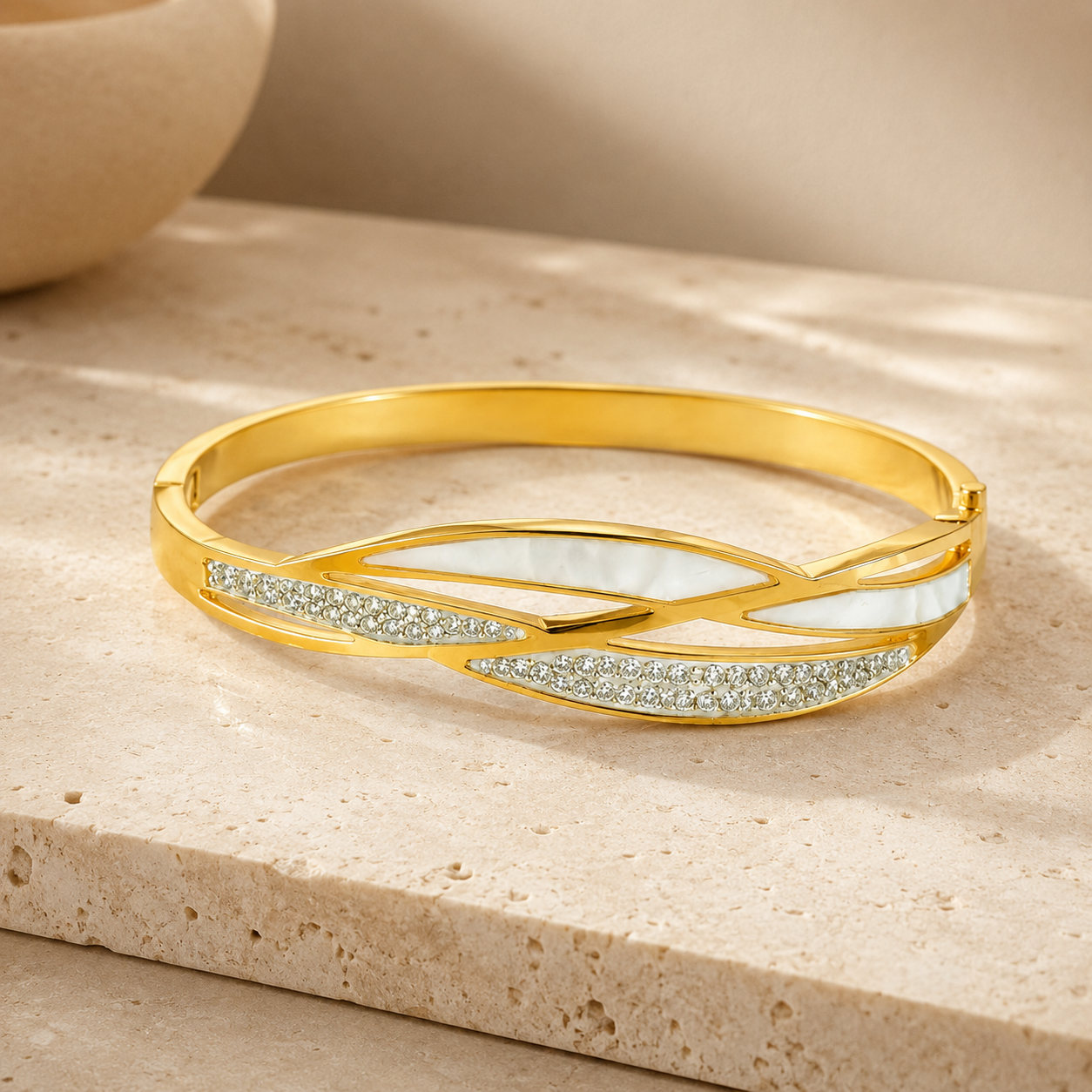 Gold Wave Mother-of-Pearl Crystal Bangle Bracelet