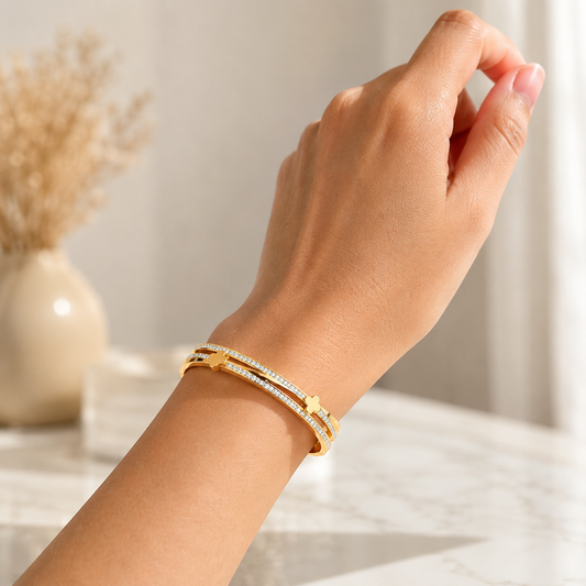 Double Crystal Line Gold Clover Bangle Bracelet