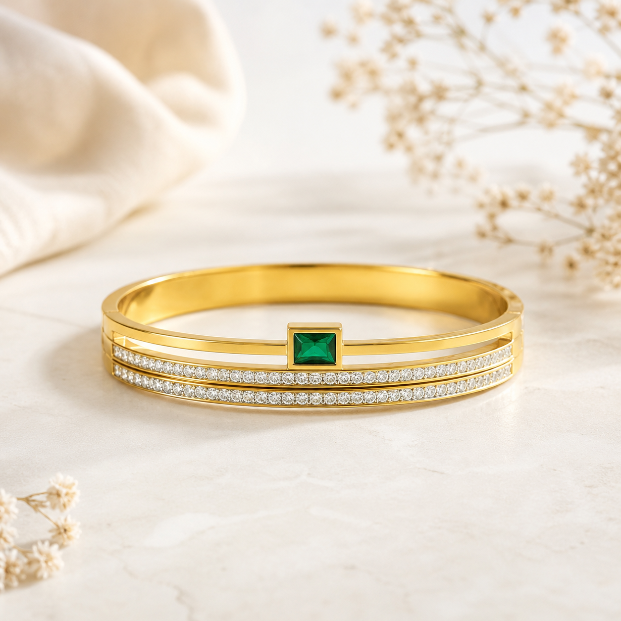 Double Crystal Line Emerald Stone Gold Bangle Bracelet