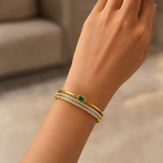 Double Crystal Line Emerald Stone Gold Bangle Bracelet
